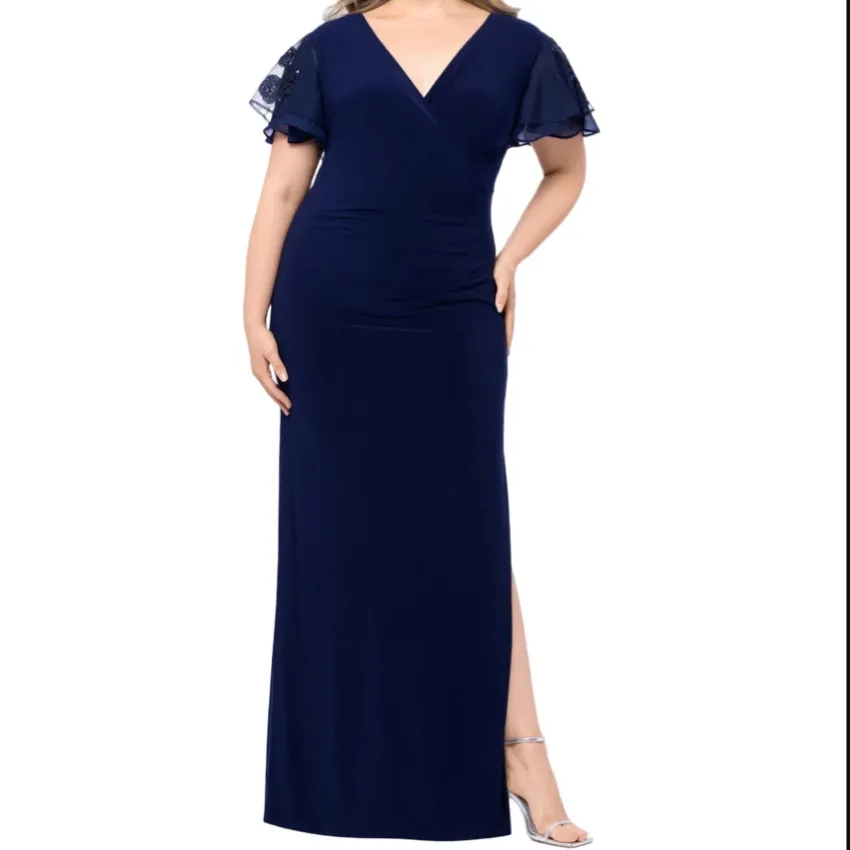 Betsy & Adam Plus Long Jersey Knit Sequin Sleeve Dress - Navy 22W - Image 4