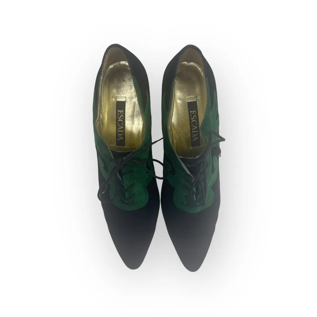 Vintage: Escada 𒀭 Lace Up Granny Heeled Ankle Booties 𒀭Black + Green Suede 𒀭9 Black - Image 9