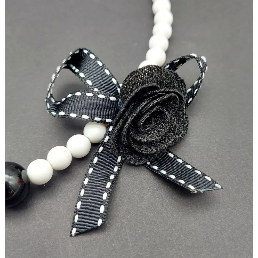 Cute Black & White Beaded Stretch Choker Necklace Collar Bow & Flower Accent - Image 8