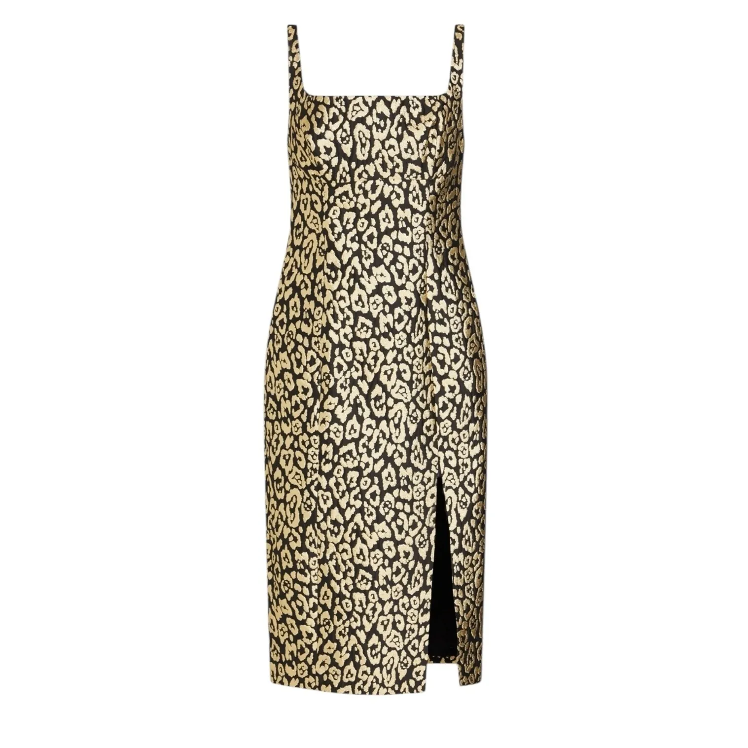 Carolina Herrera Gold Thin Strap square neck fitted Midi Leopard Column dress - Image 2