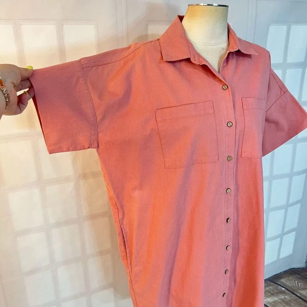 Oat coral button down short sleeve cotton shirt dress size medium Pink - Image 2