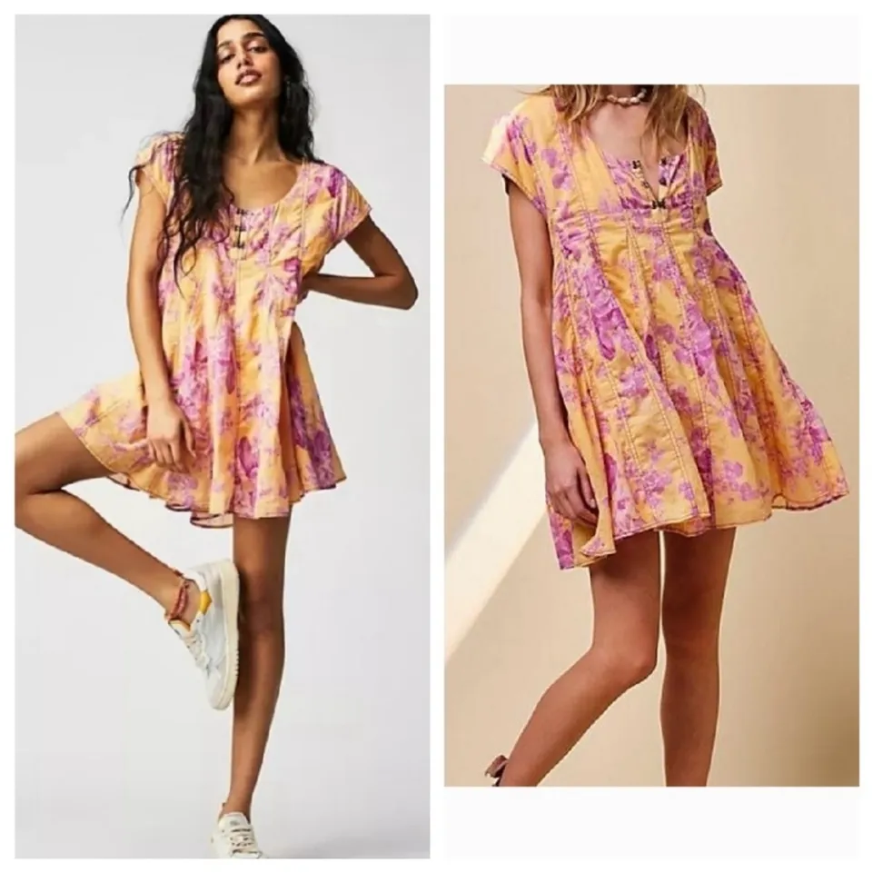 Free People dress Sully NEW floral blooms pink orange sunshine combo lined - Image 4