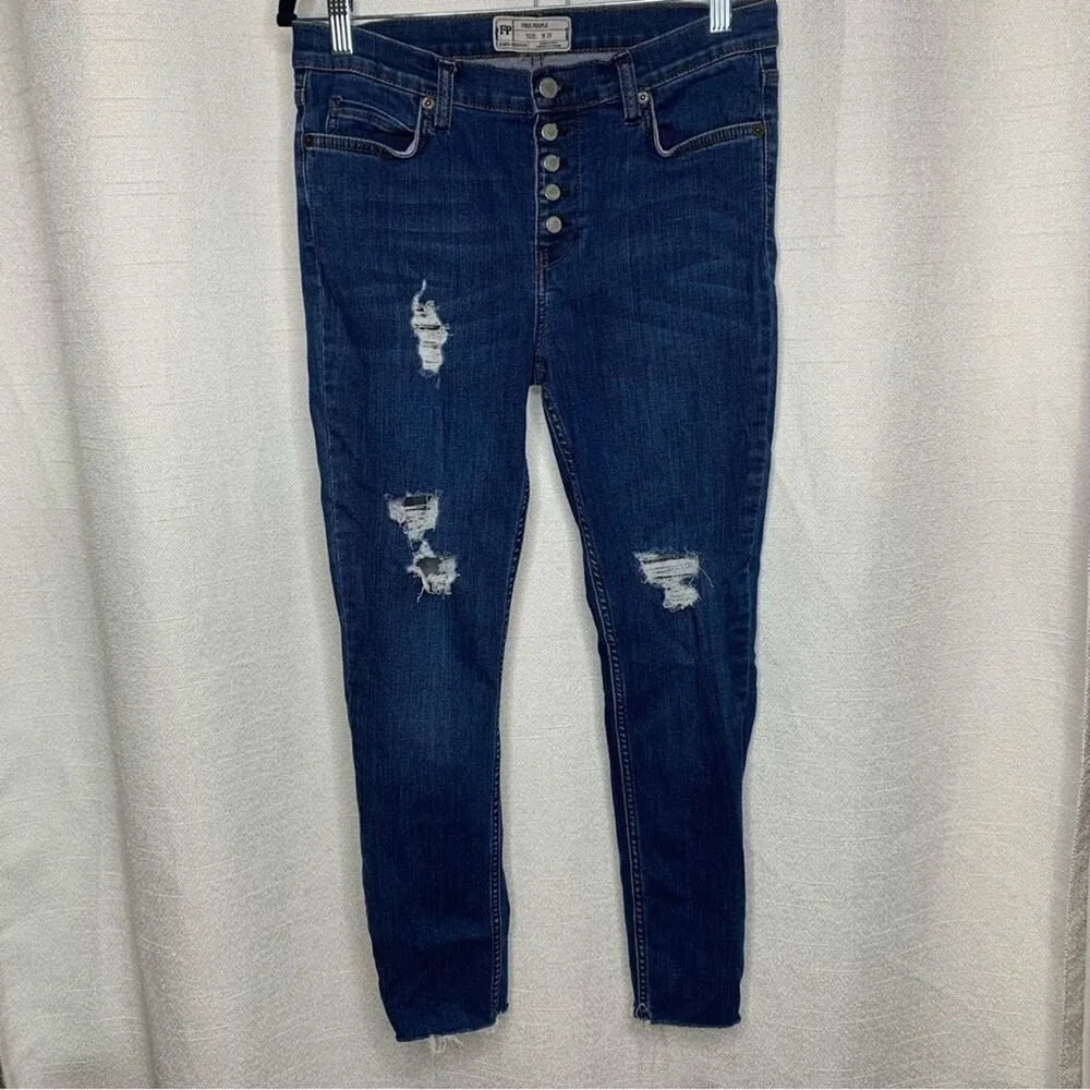 Free People‎ distressed high rise exposed button fly Reagan skinny jeans size 29 - Image 5