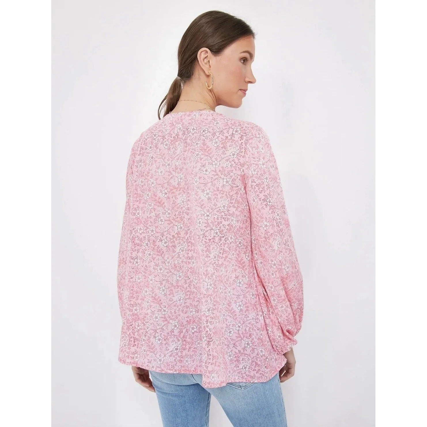 Emerson Fry India Collection Pink Floral Block Print‎ Bardot Peasant Top Large - Image 2