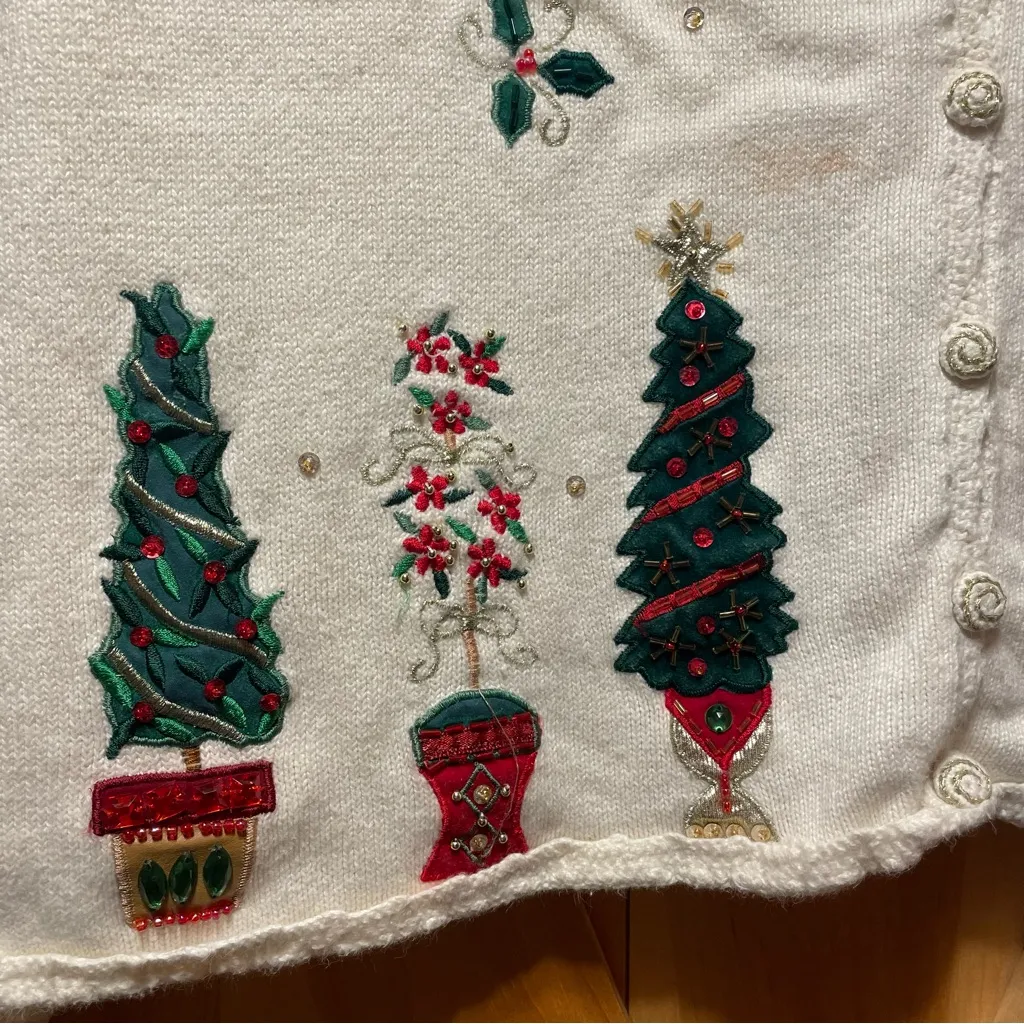 Vintage Holiday Embroidered Cardigan Sweater White Size L - Image 2