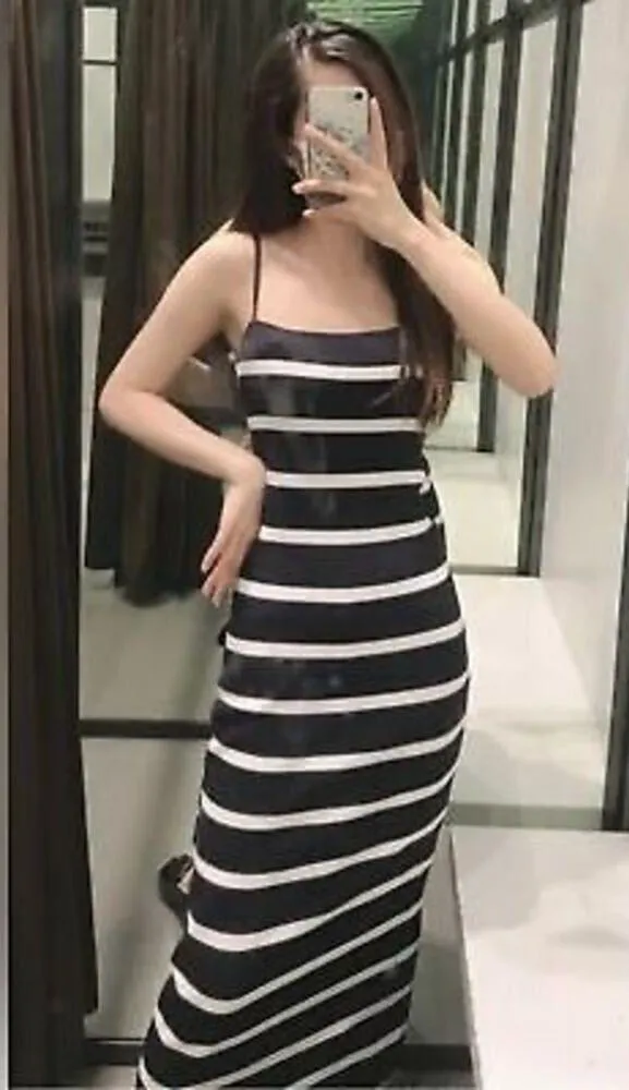 Zara Navy Striped Square-Neck Maxi Dress Medium Ribbed Knit Stretch Minimalist - Image 13