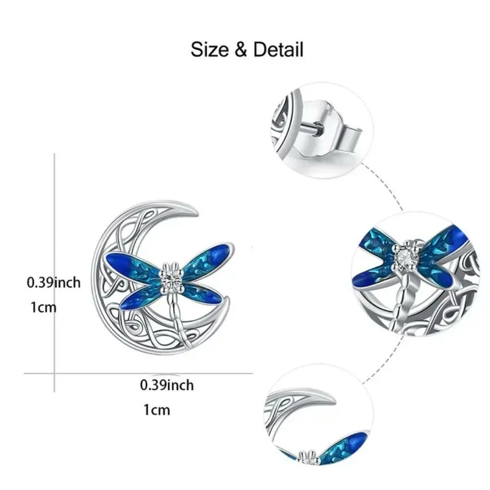 Exquisite Blue Winged Dragonfly & Moon Stud Earrings Silver - Image 4