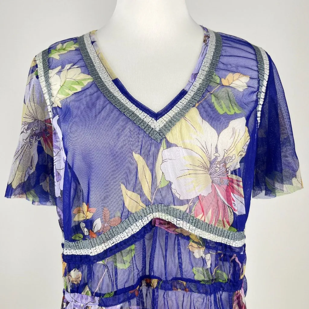 NWOT Johnny Was Biya Giana Mesh Floral Top Blouse Size M Blue - Image 2