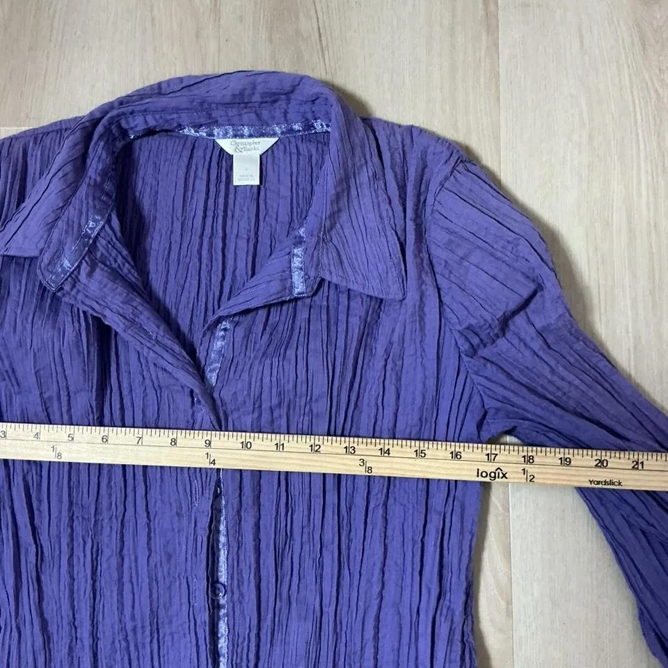 Christopher & Banks Purple Textured‎ Button Down 3/4 Sleeve Top Blouse - Image 3