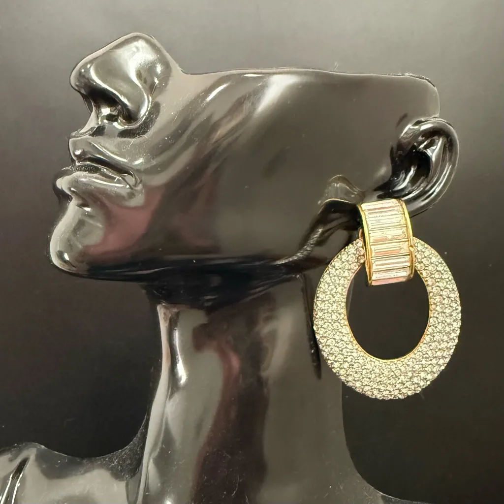 Vintage SAL Swarovski Baguette Pave Crystal Gold tone Door Knocker Clip Earrings - Image 2