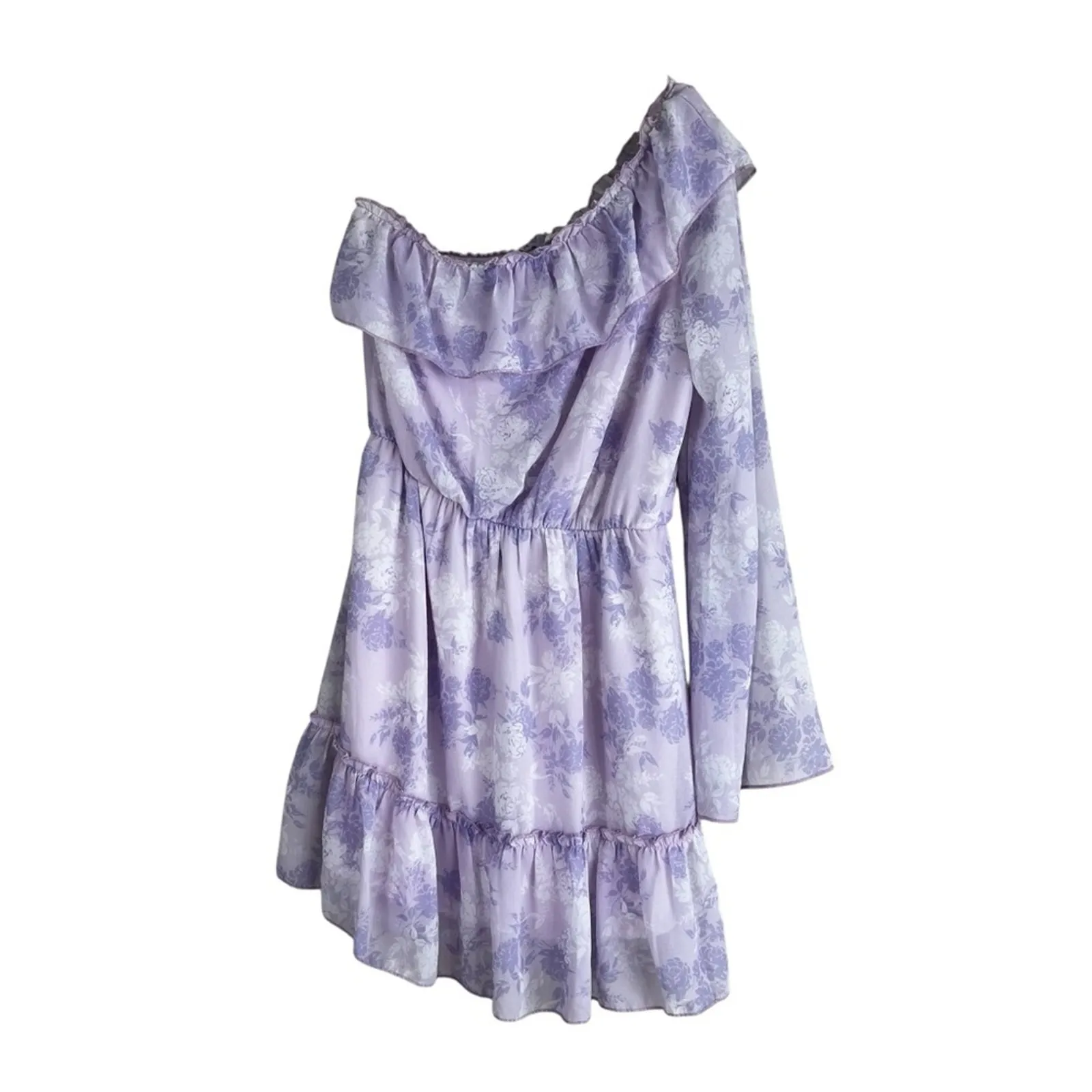 Peach Love California Mini Dress Womens M Purple Floral Tiered One Shoulder - Image 2