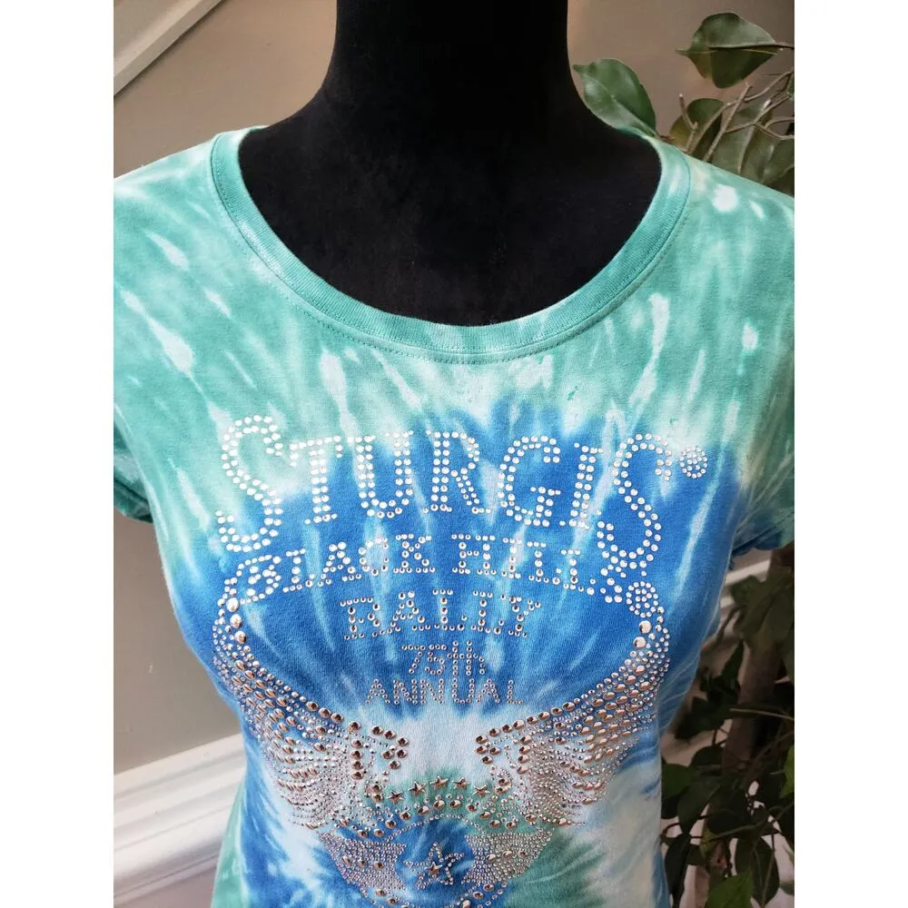 Exist T-Shirt Women Size M Green Blue Tie Dye Rhinestone Sturgis Graphic Tee - Image 5