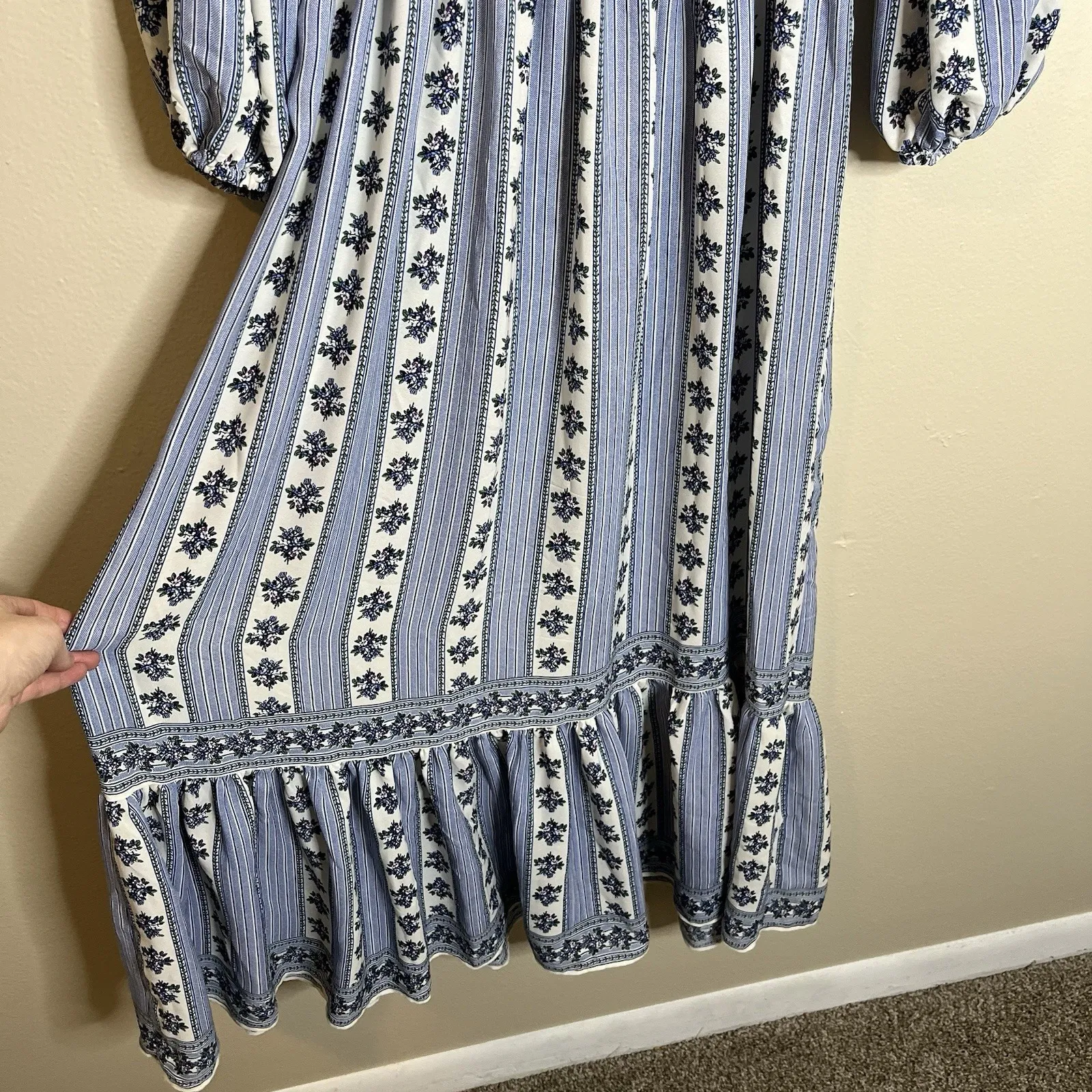 Women's Dress Blue Milkmaid Cottagecore Peasant Floral Stripes V Neck Boho - Image 5