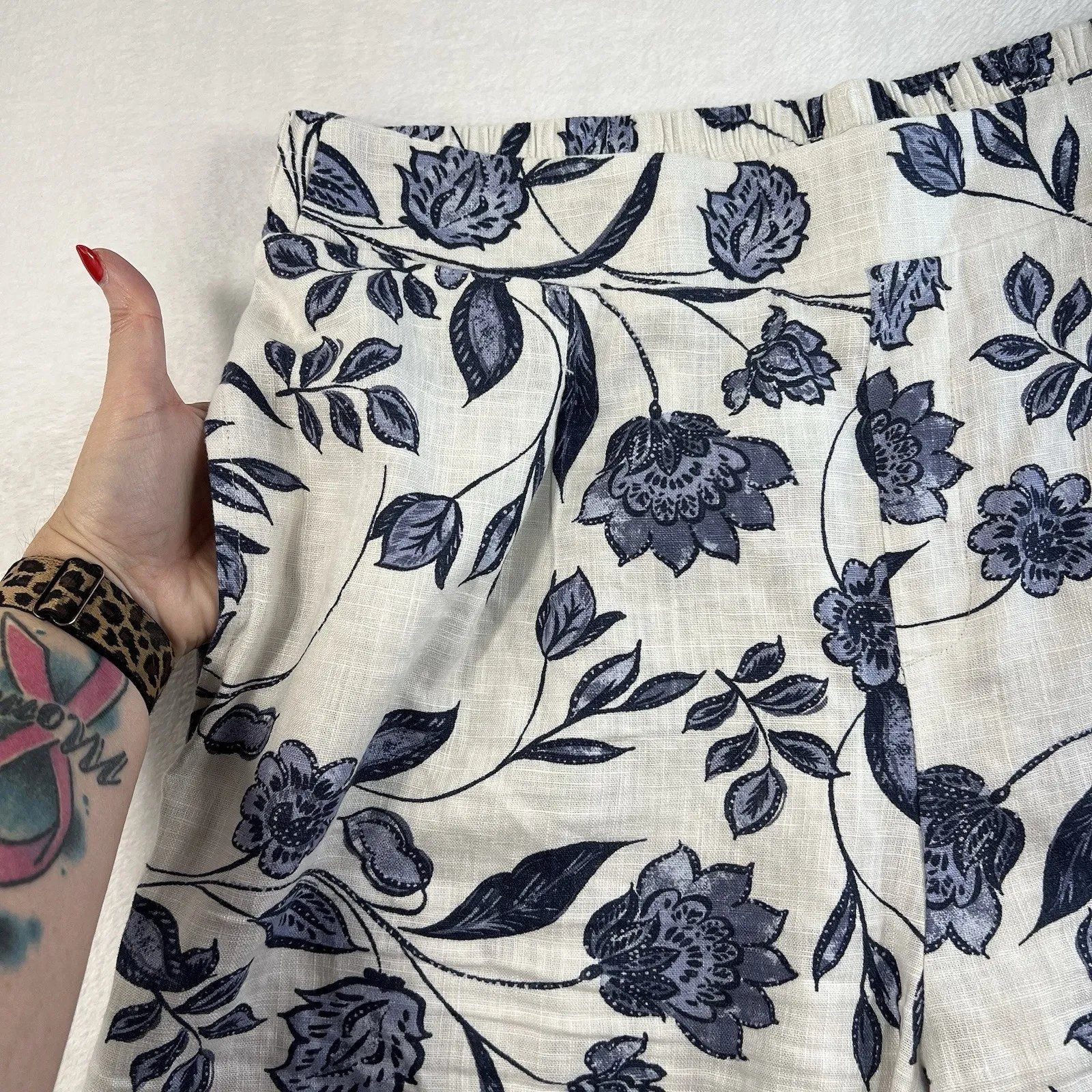 Ella Moss XL Linen Blend Wide Leg Pants Pull On Blue Floral Pockets Resort Beach - Image 5