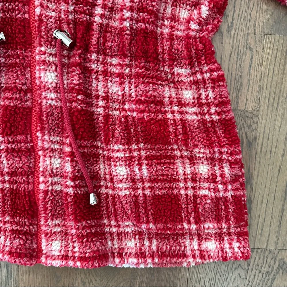 Anthropologie Vintage Collared Fleece Drawstring Waist Jacket Red White Plaid M - Image 4