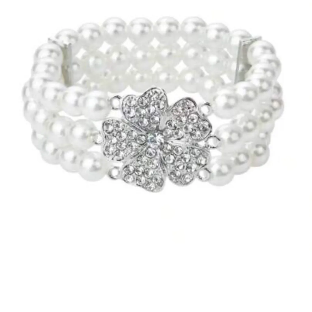 Elegant faux Pearl Bracelet with Silver rhinestone flower Accents White - Image 3