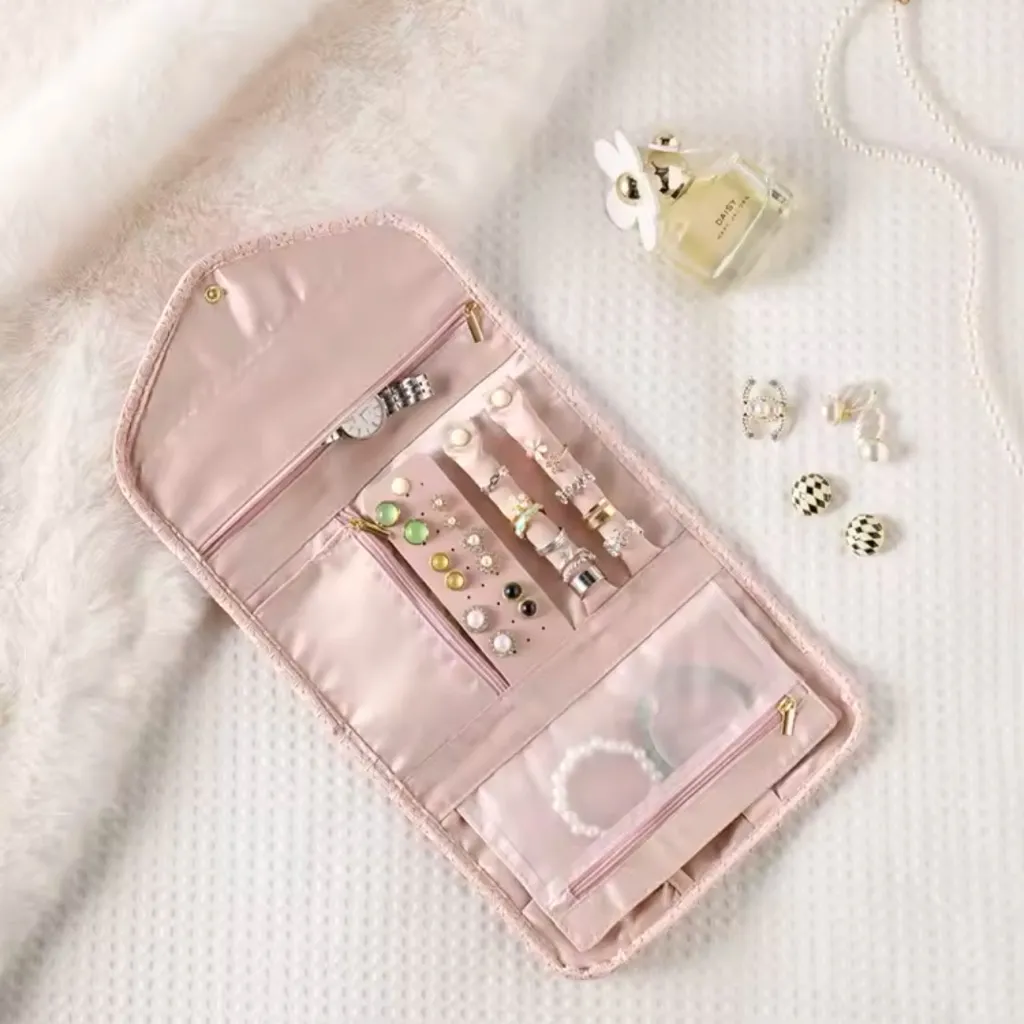 Travel Portable Jewelry Organizer Roll Foldable Pink - Image 6