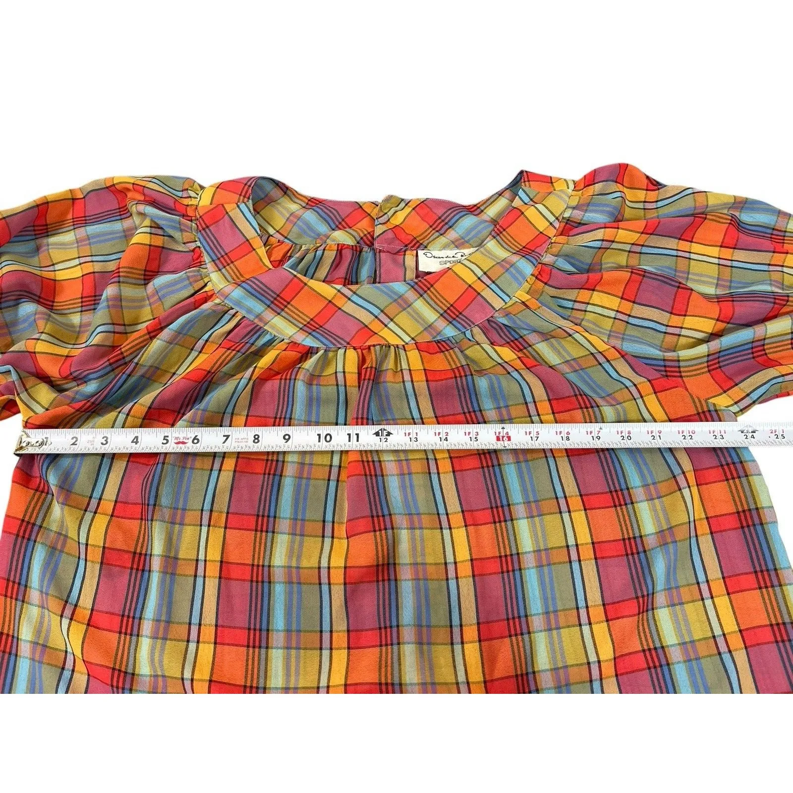 VTG Oscar de la Renta Madras Plaid Sheer Colorful Size 14 Puff Sleeve Yoke Top - Image 10