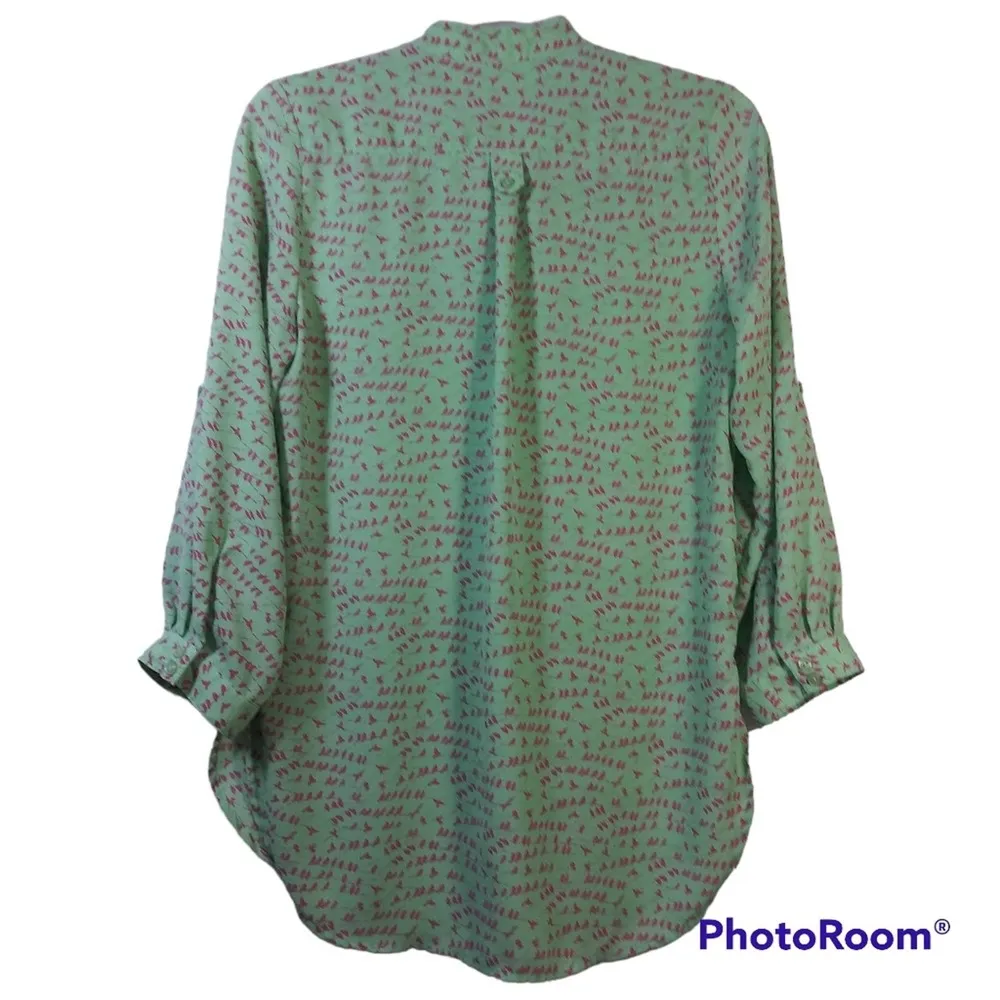 Pixley Mint Green Pink Birds Roll Tab Sleeve Blouse Top Size M Size M - Image 2