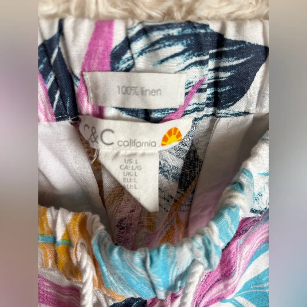 C&C California Tropical Floral White Pink Blue Linen Shorts Women’s Large - Image 3