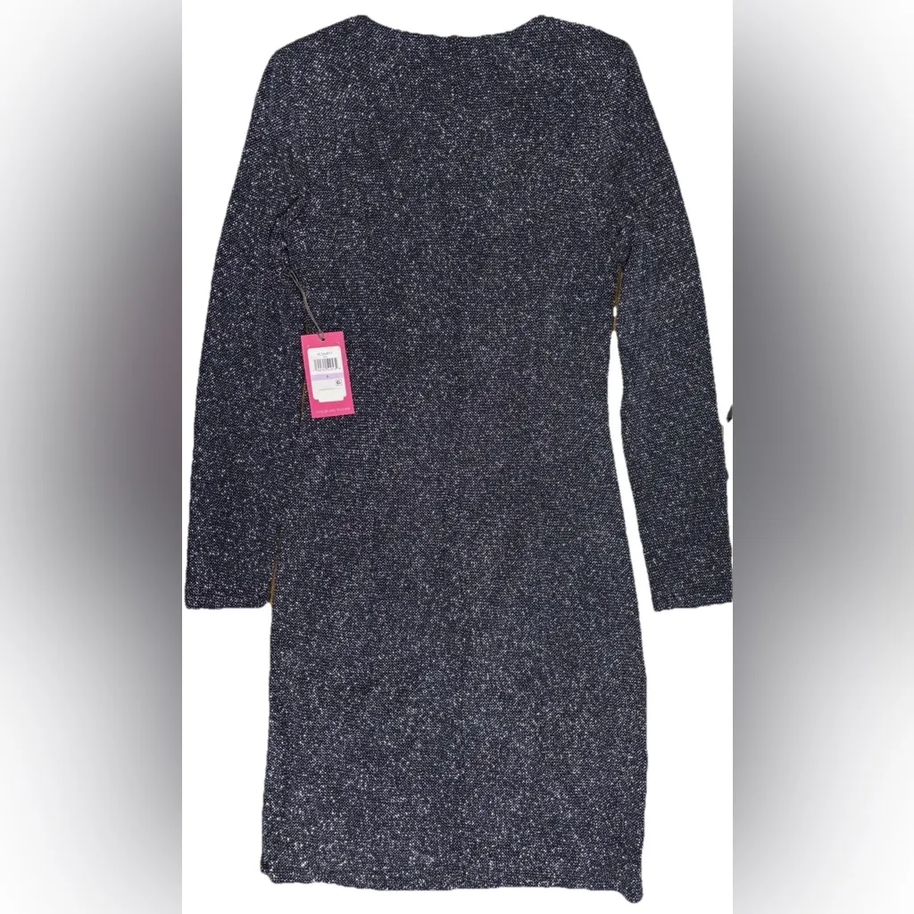 NWT Vince Camuto Women’s 6 Asymmetric V Neck Rushed Short Dress Navy Sparkle - Image 2