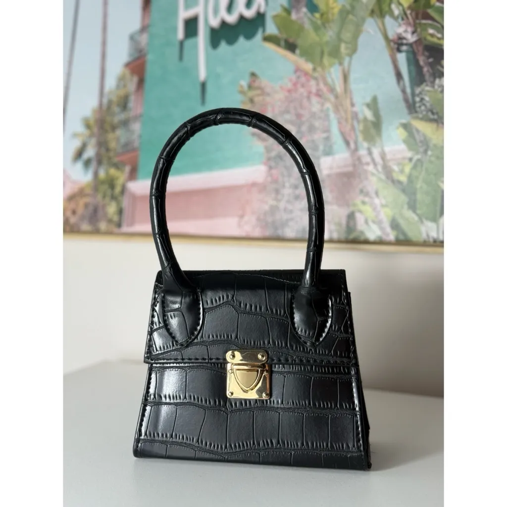 Black Croc Faux Leather Mini Top Handle Purse Gold Buckle Small Handbag - Image 2