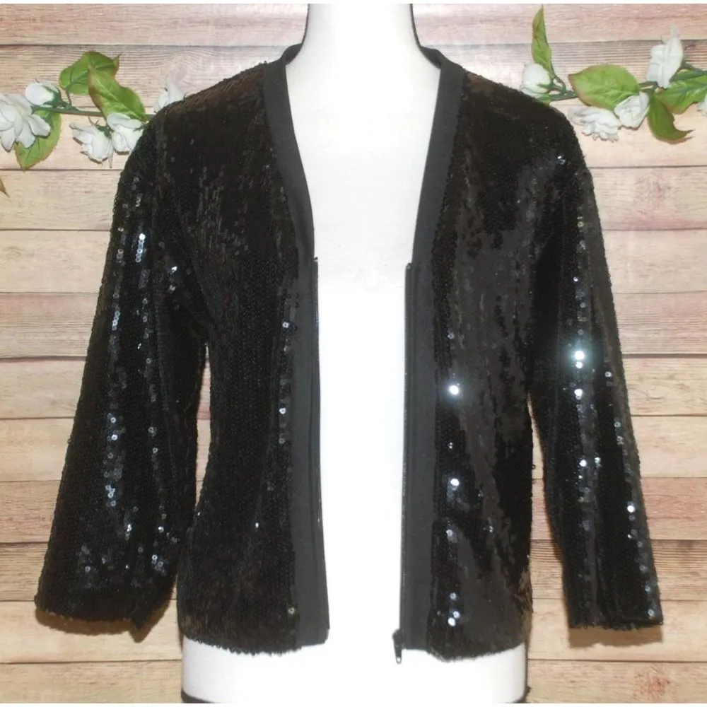 BKE Boutique Black Cropped Jacket Size M Full Zip All Over Sequin 3/4 Sleeve - Image 7