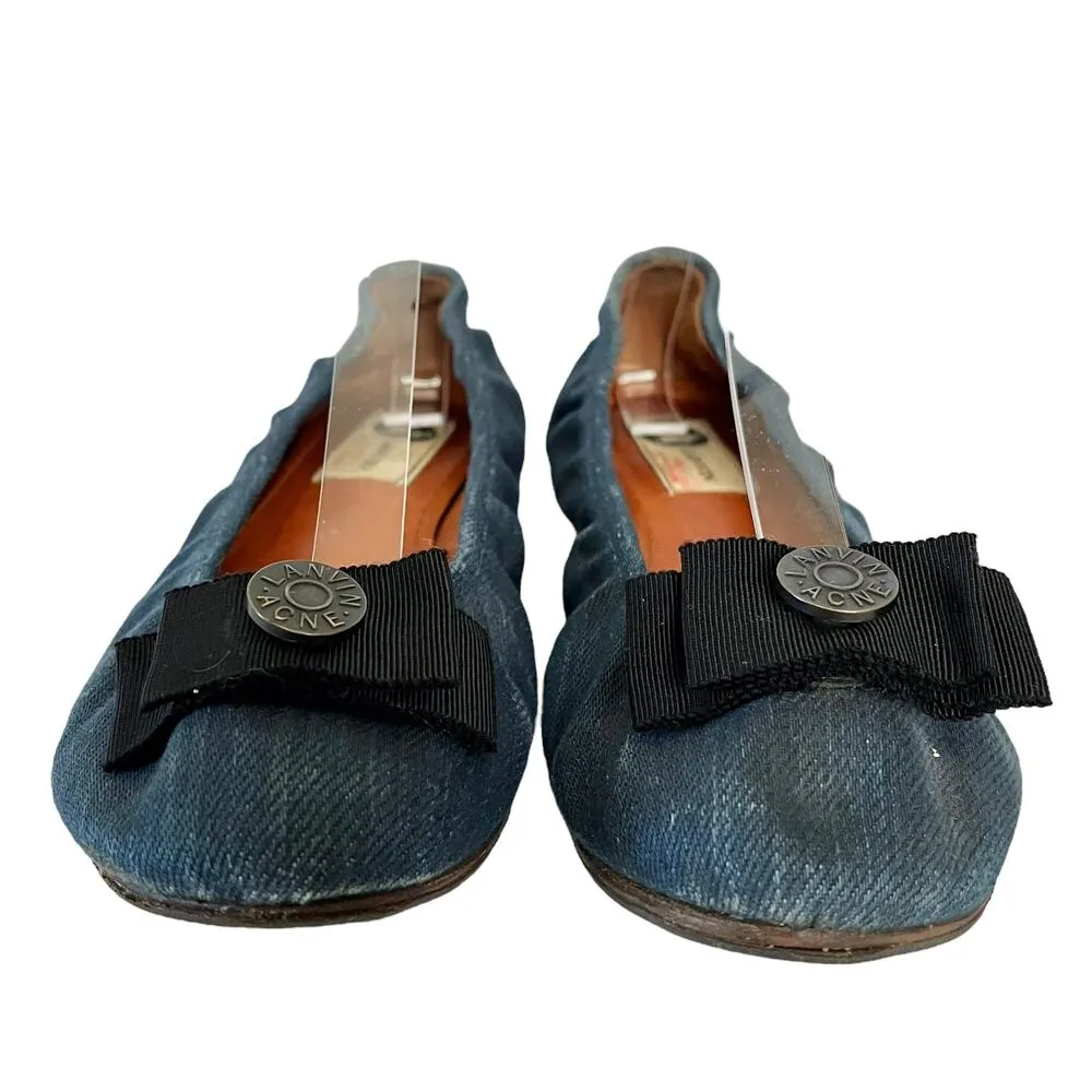 Lanvin x Acne Blue Denim Grosgrain Bow Ballet Flats Ballerinas Women's Shoes - Image 3