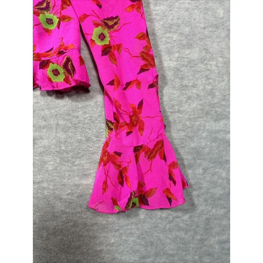 Ecote Urban Outfitters‎ Women's Terri Blouse Sz M Pink Floral Semi Sheer Ruffle - Image 5