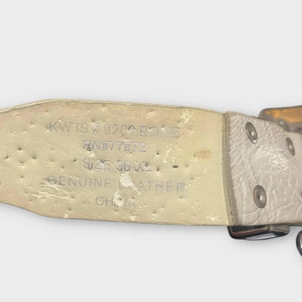 Bronze Studded Bone Colored Genuine Leather Belt with Silver Floral Buckle White - Image 5