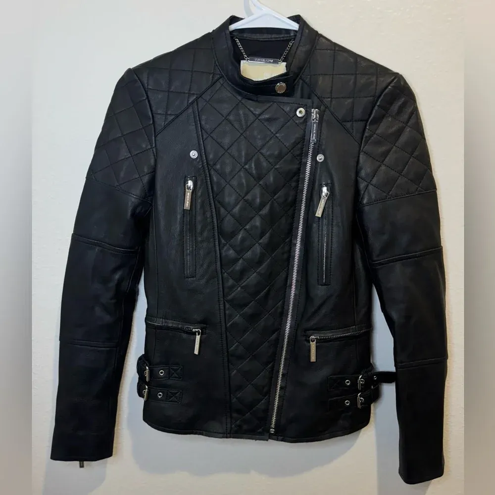 MICHAEL Michael Kors 100% Leather Moto Black‎ Jacket Size XXS Black - Image 2