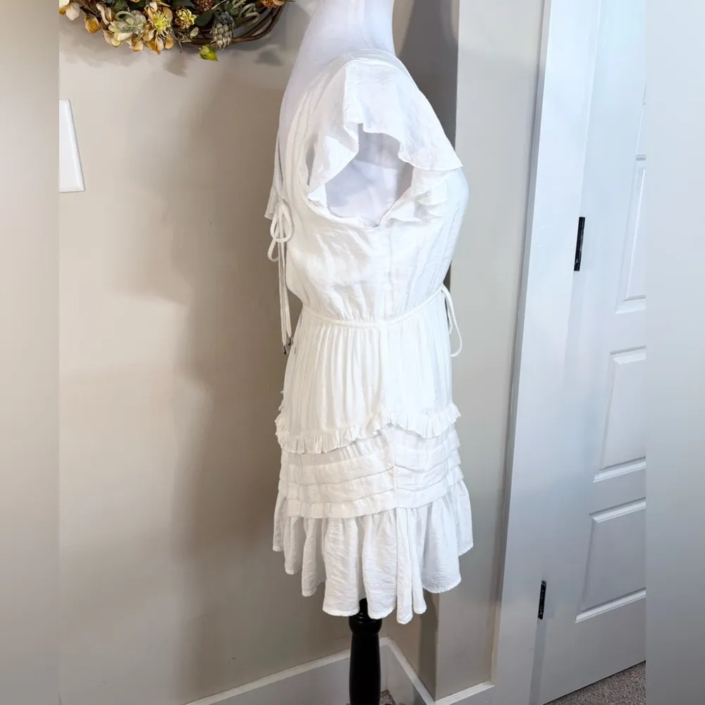 SAINTS & SECRETS Ruffled Tie Back Waist Cinch Plunging Mini Dress ~White Sz M White Size M - Image 6