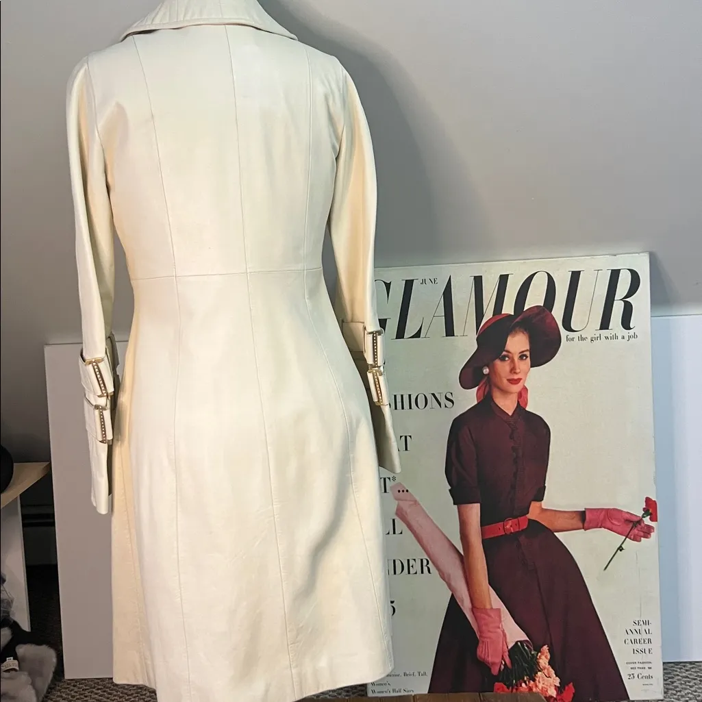 Women’s vintage 90s Doma Italian Elegant leather Cream Women's midi Coat Size M - Image 5