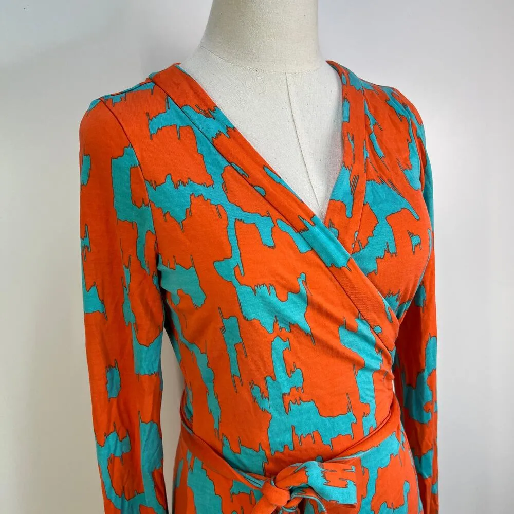 Diane Von Furstenburg Printed Wrap Silk Dress Orange Teal - Image 3