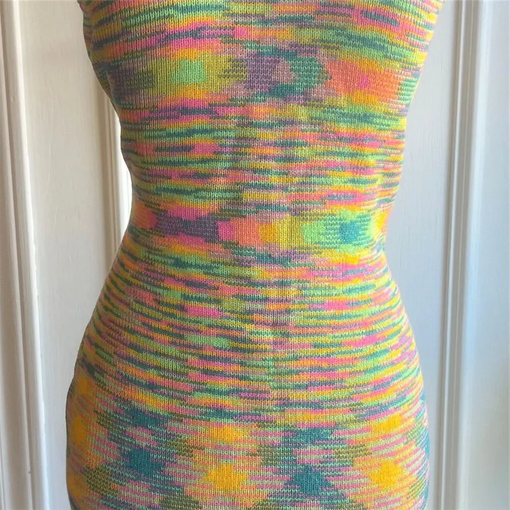 Women's Geometric Knit Bodycon Mini Dress Sleeveless Multicolor Size S Y2K - Image 7