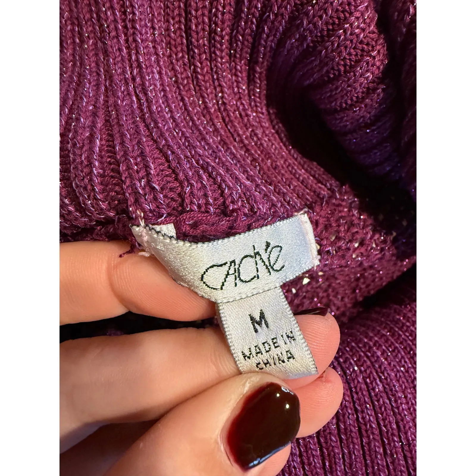 Cache Purple Metallic Cowl Neck Cap Sleeve Knit Top Women's Size M - Image 3