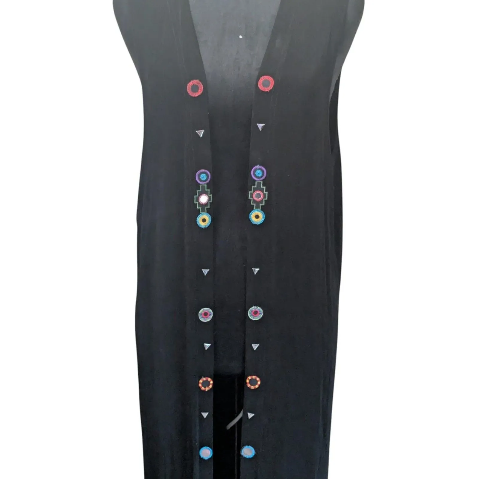 Vintage TANUJA USA Black Maxi Duster Vest Colorful Goth Glam Boho Festival M Size M - Image 2