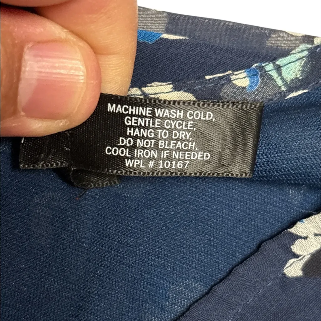 Aqua V Neck Puff Sleeve Navy Blue Patterned Blouse - Image 5