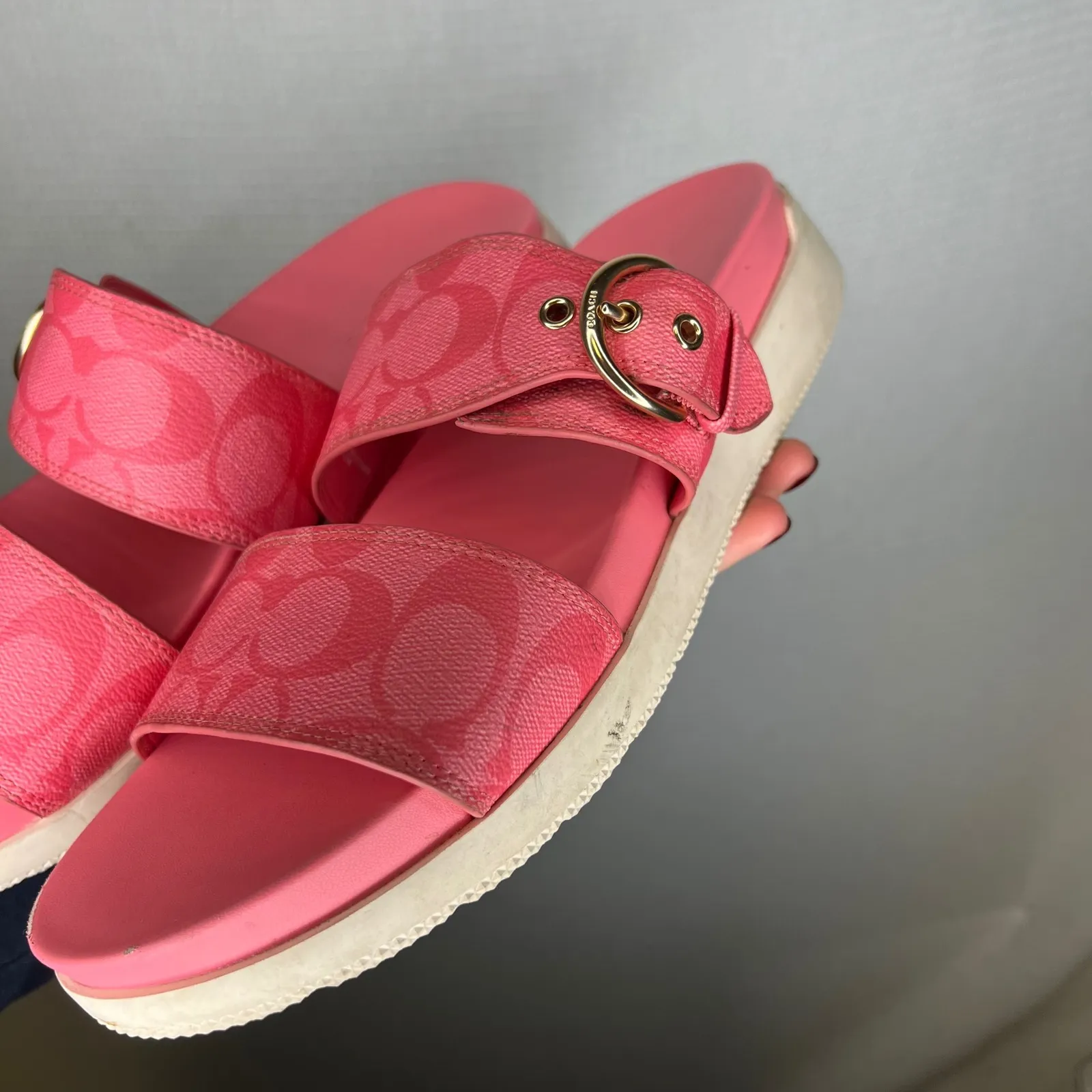 Coach Signature Gwen Slide Sandals Pink Double Strap Buckle Platform Women's 11B - Image 5