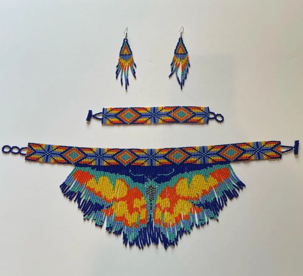 Vibrant Blue and Yellow butterfly Beaded Necklace with bracelet & earrings Set - Image 2