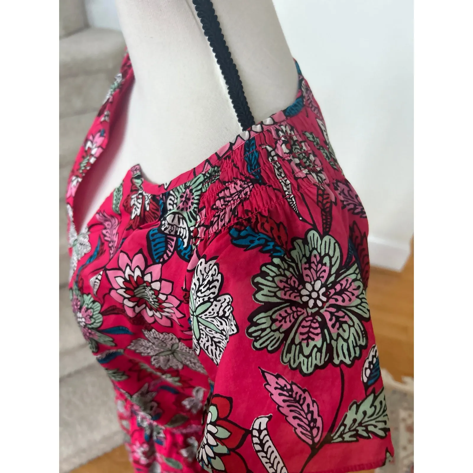 Talbots Hot Pink Block Print Floral Flutter Sleeve Cotton Knee Length Sundress - Image 5