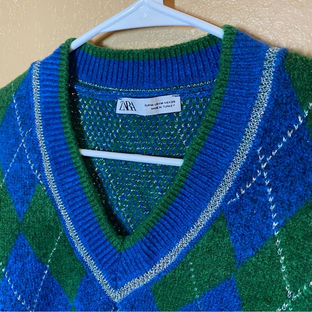 ZARA Metallic Thread Argyle Knit Sweater Size Medium - Image 3