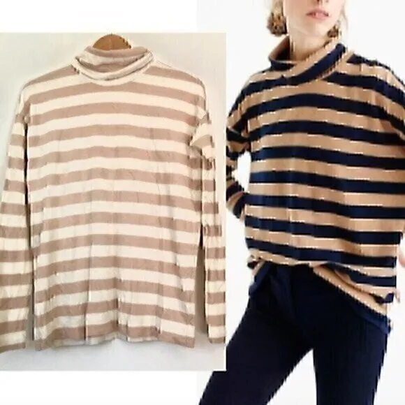 J. CREW Striped Turtleneck T-Shirt Cream Ivory Beige 100% Cotton Oversized XXS - Image 2