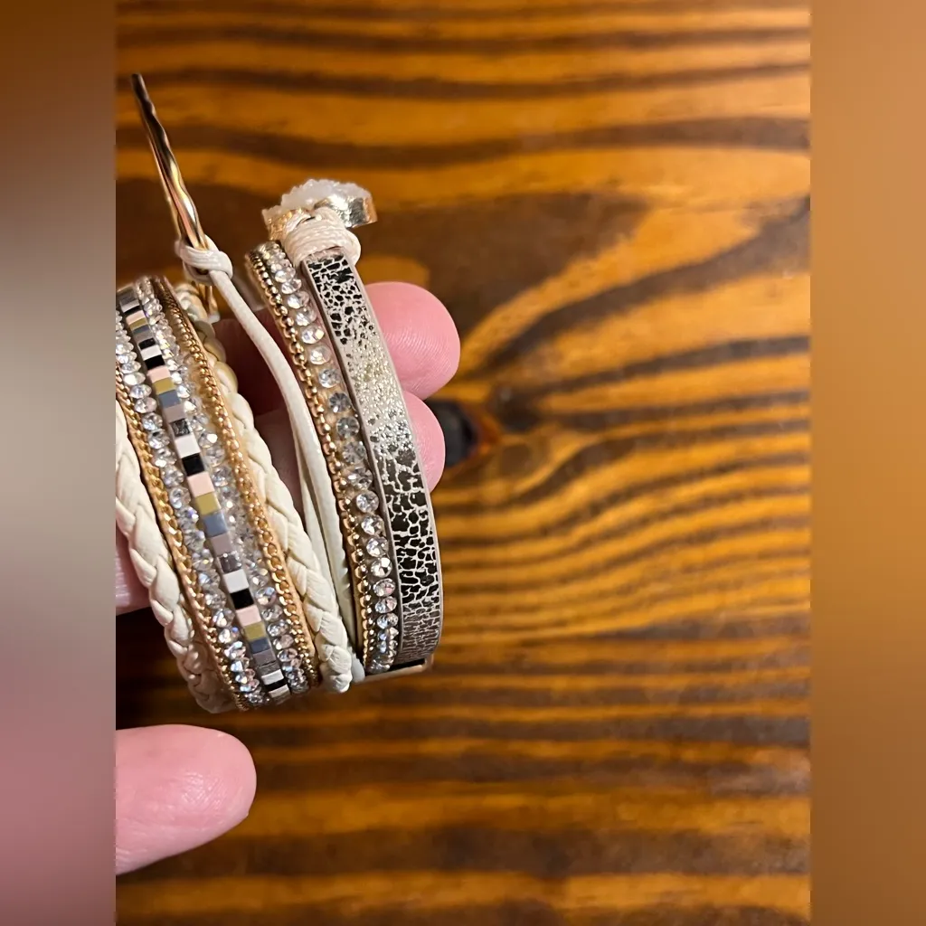 Gold Cream Heart and Stone Bracelet magnetic closure wide beaded cord boho artsy - Image 3