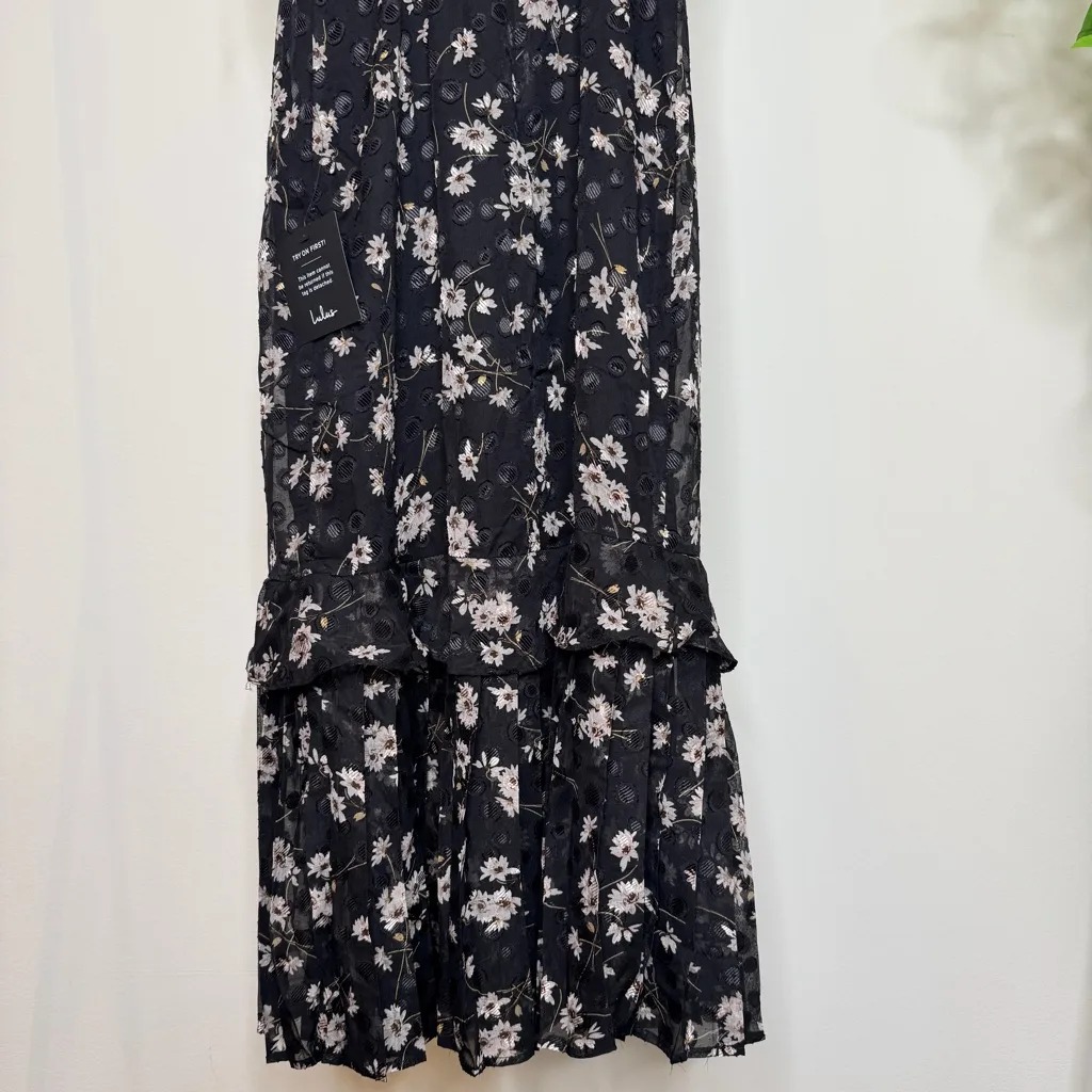 NWT Lulus Terrace Views Black Floral Print Tiered Midi Dress size XS NEW - Image 7