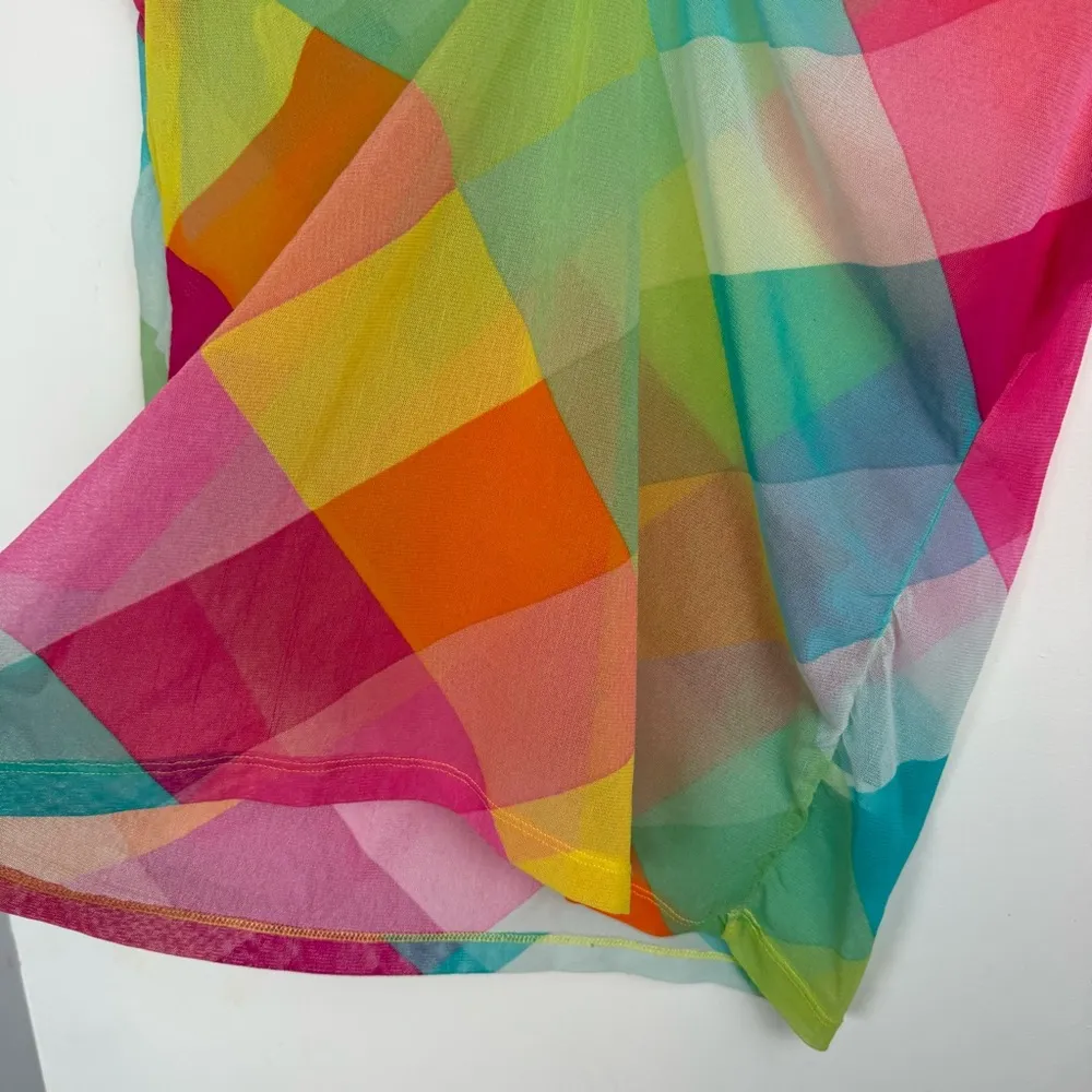 Y2K Rainbow Sheer Mesh Printed Top Sz XL Pink - Image 6