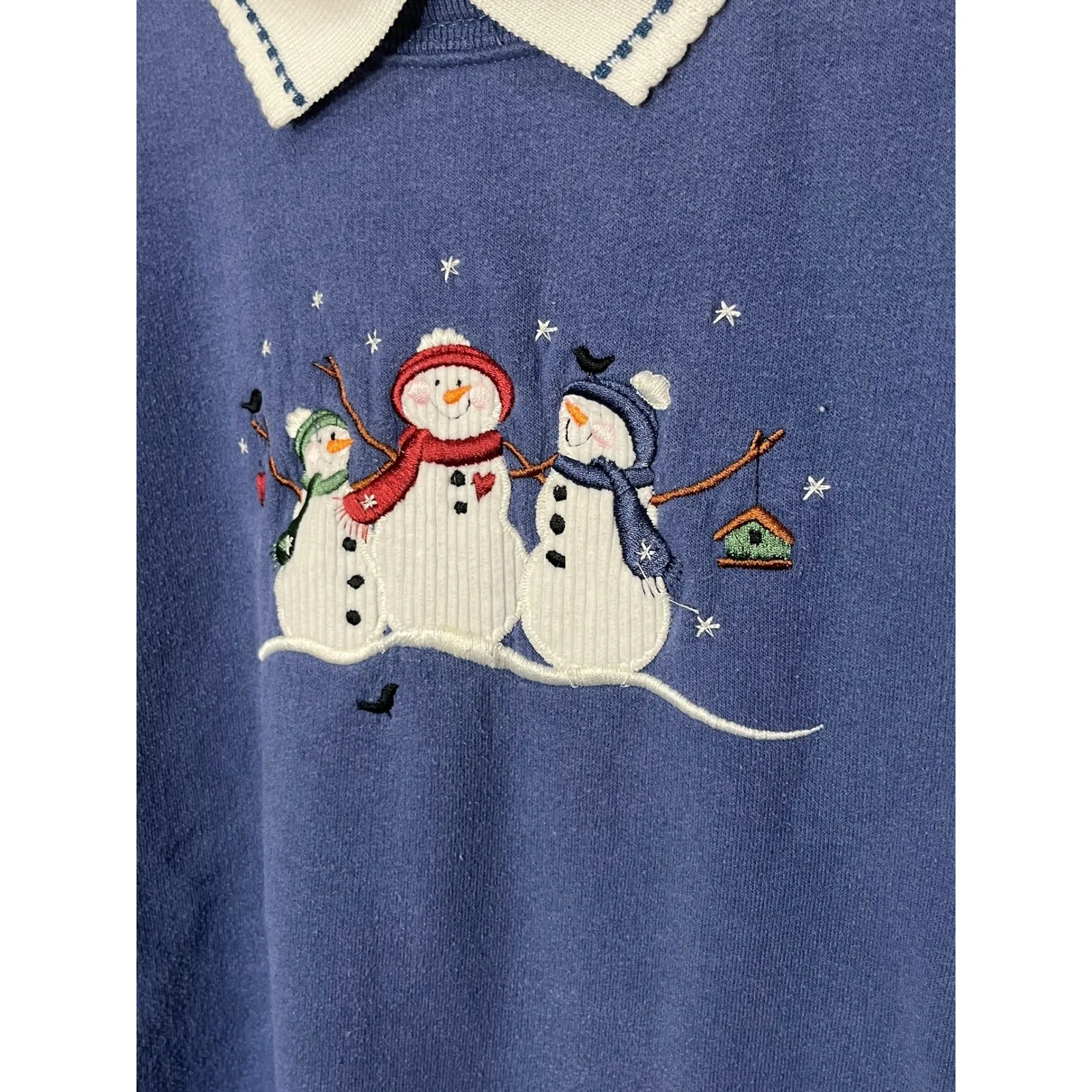 Top Stitch By Morning Sun Embroidered Snowman Crewneck Collared Sweatshirt XL Blue - Image 2
