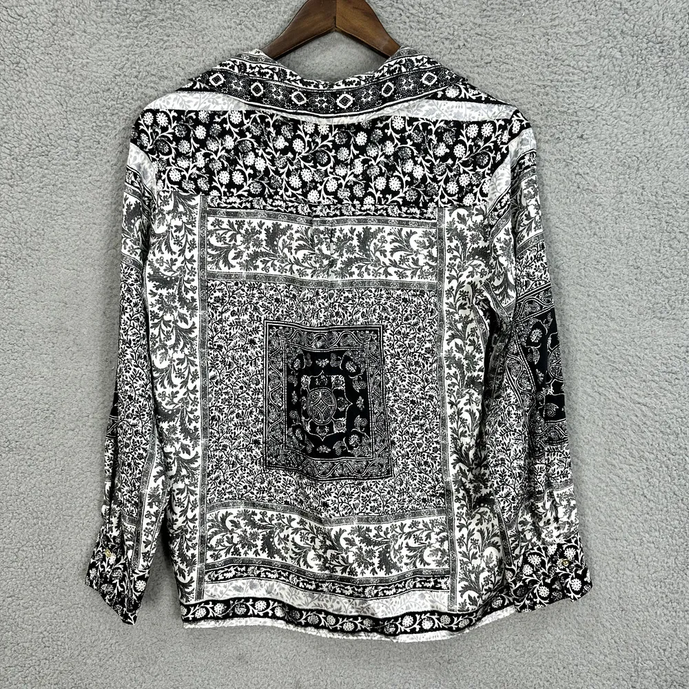 Zara Button Up Top Womens Small Black Satin Ditsy Floral Long‎ Sleeve Boho Artsy - Image 2
