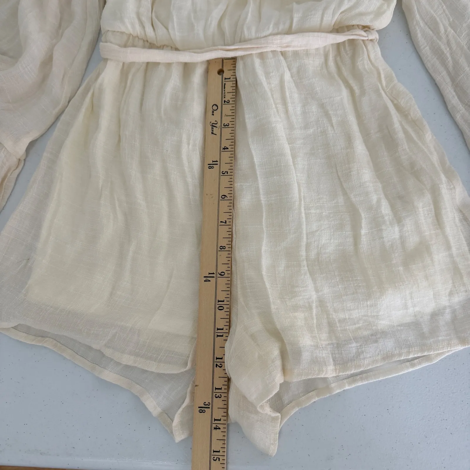 Cream Gauze Bell Sleeve Belted Romper Shorts Size Small Flare Festival Boho - Image 10