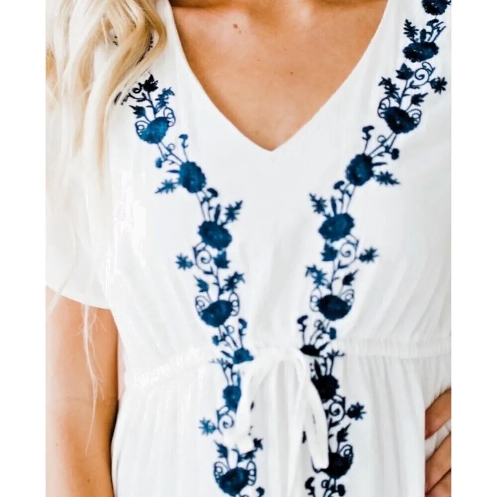 Polagram Ivory embroidered chinched floral short sleeve tie maxi dress size S - Image 7